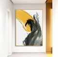 パレット ナイフによるブラシ ストロークの黒黄色の抽象的な壁アート ミニマリズム テクスチャ